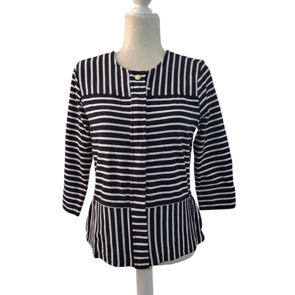C Wonder Women's 3/4 Sleeve Full Zip Jacket Top Cotton Black White Striped Sz 8